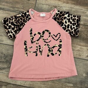 Pink 'Be Kind' Kids Shirt with Leopard Print Sleeves
